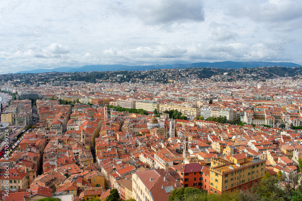 Nice, France Aerial view on beach and buildings in old town and city. French Riviera 