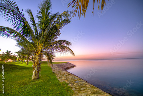 Fototapeta Naklejka Na Ścianę i Meble -  The Royal Commission, Yanbu,  Medina, Saudi Arabia. February 2nd, 2022. The beach and adjacent parks at night, dawn and dusk times. Trees especially palm are shown. Black and colorful skies. Pathways.