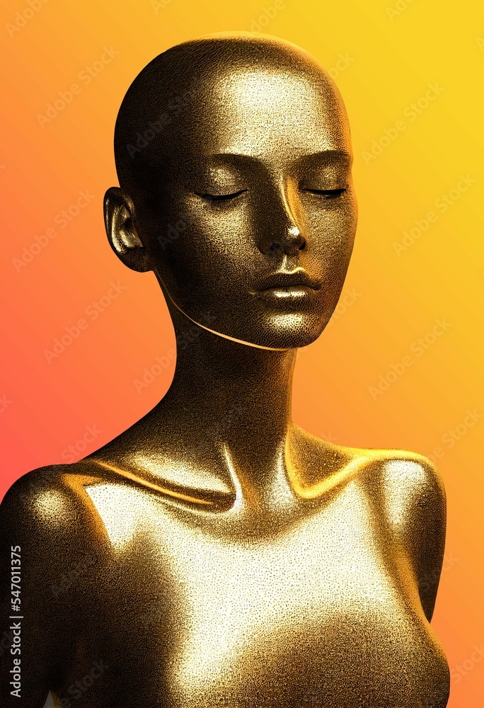 Vertical shot of an AI generated image of a golden plated girl statue on an orange background - obrazy, fototapety, plakaty 