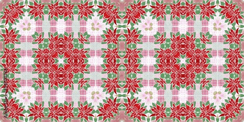 Seamless Christmas poinsettia retro border. Decorative ornament in seasonal red for December holiday washi tape. Winter botanical vintage scandi repeat ribbon. 