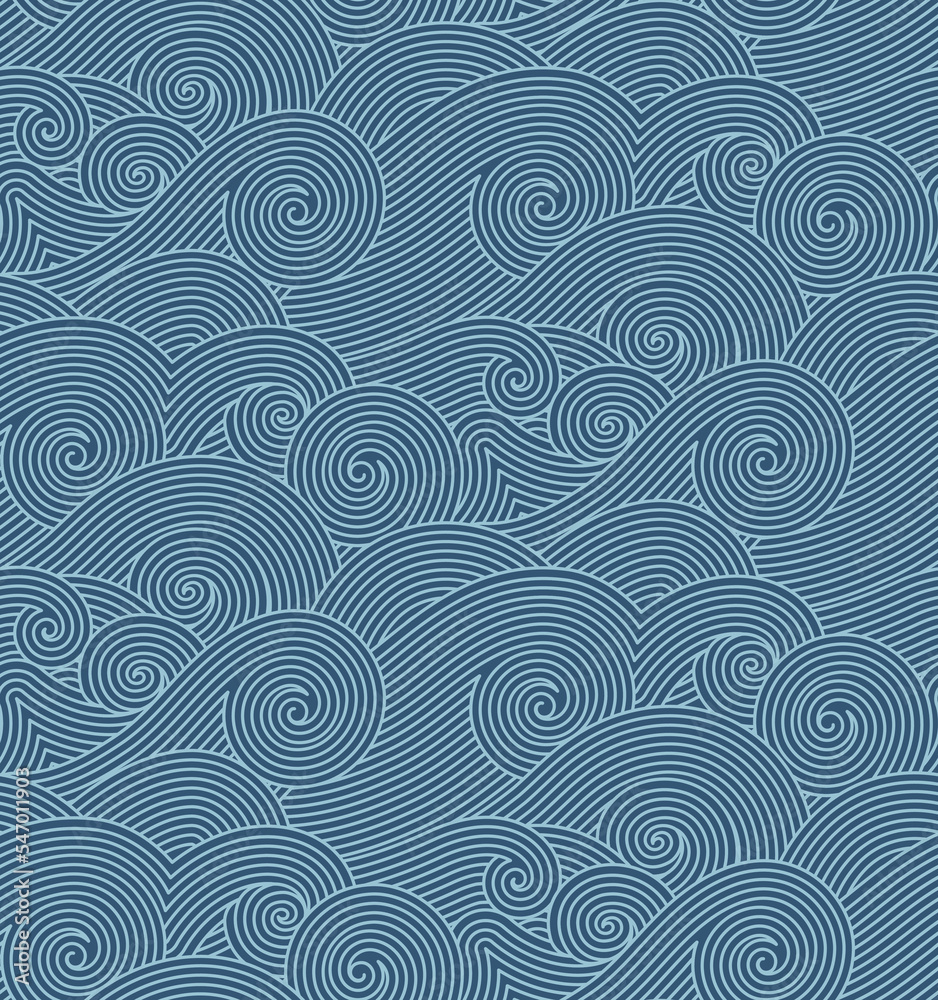 Sea wave seamless pattern. Vector wavy deep teal navy blue wallpaper design. Ocean waves like art illustration.