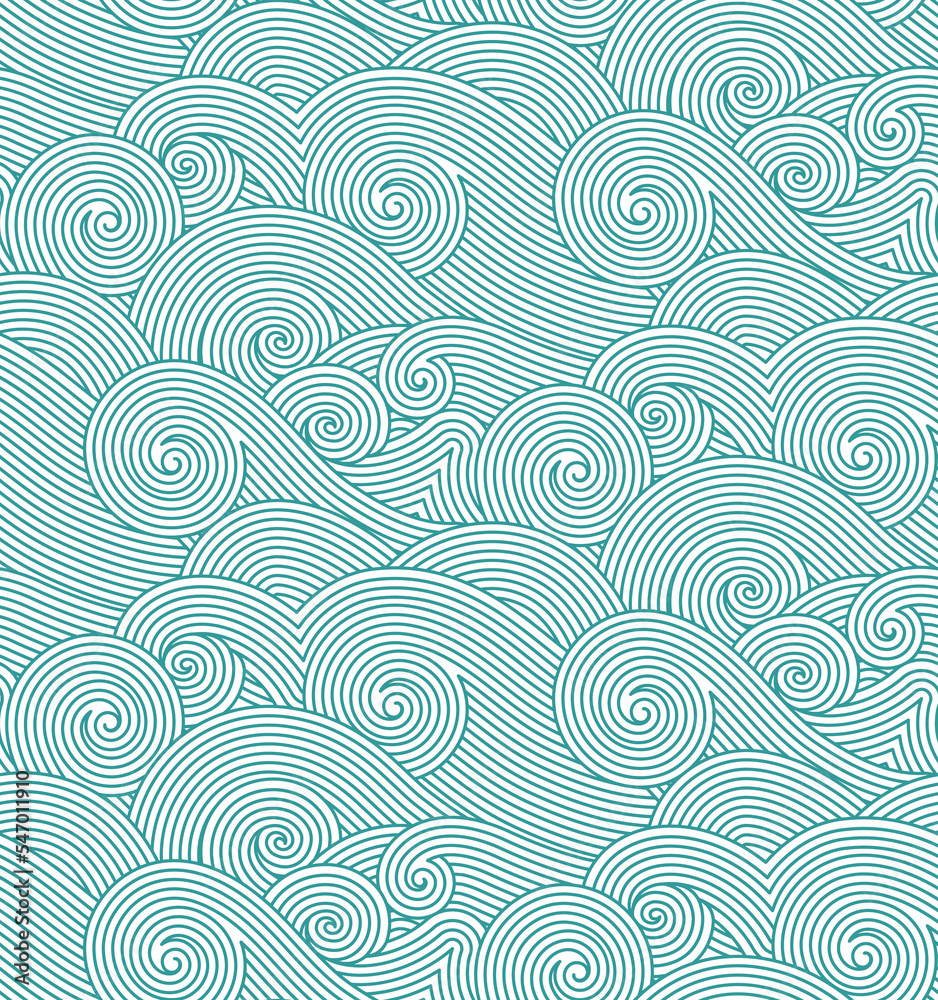 Abstract hand drawn green turquoise blue and white decorative waves background. Vector seamless oriental ornamental wavy hand drawn lines pattern. Tattoo style coloring page line art illustration.
