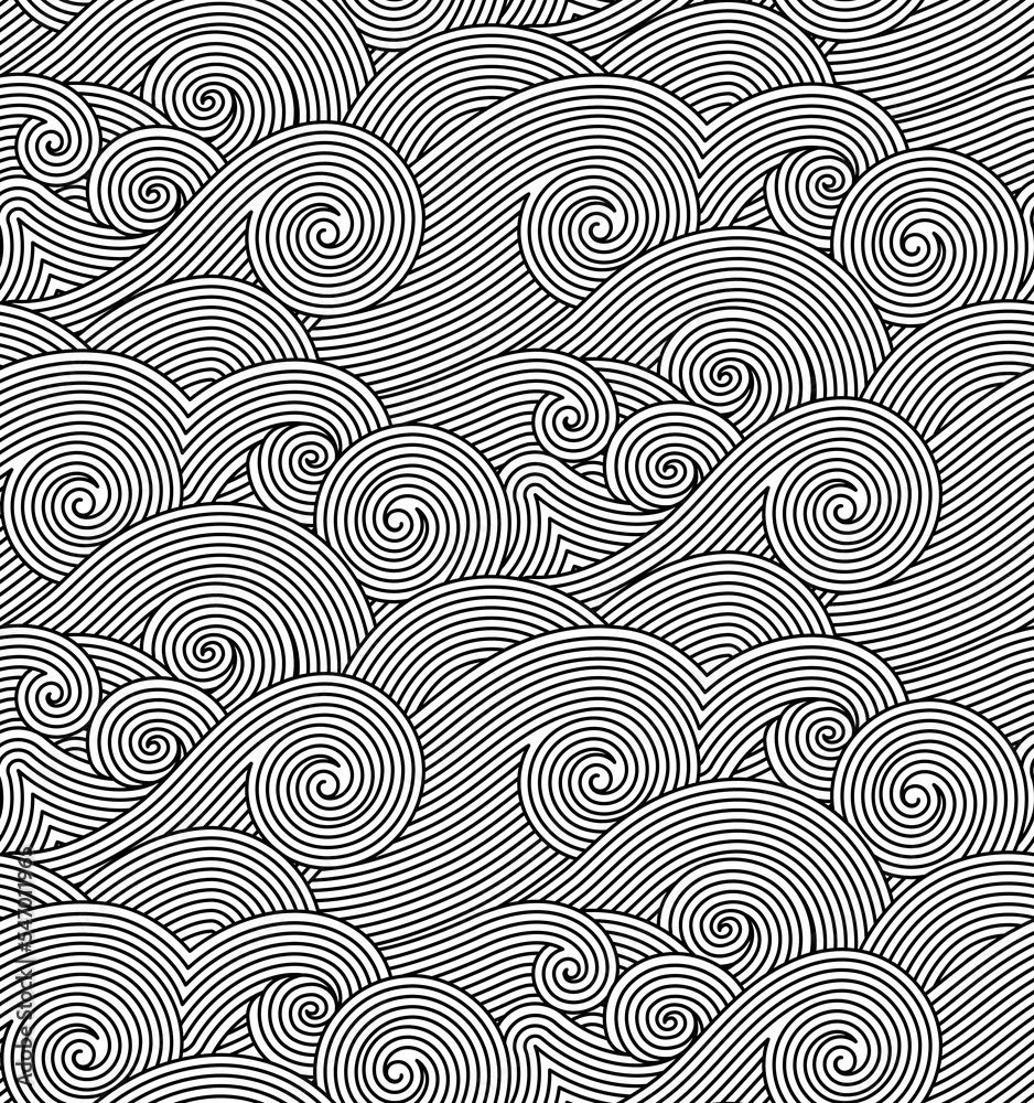 Geometric hand drawn black and white abstract decorative waves background. Vector seamless oriental ornamental wavy hand drawn lines pattern. Tattoo style coloring page line art illustration. Geometric hand drawn black and white abstract decorative waves background. Vector seamless oriental ornamental wavy hand drawn lines pattern. Tattoo style coloring page line art illustration.