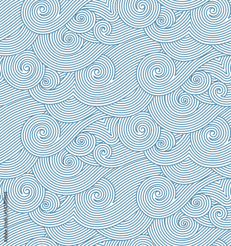 Abstract hand drawn blue and white decorative waves background. Vector seamless oriental ornamental wavy hand drawn lines pattern. Tattoo style coloring page line art illustration.