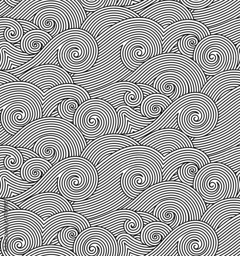 Geometric hand drawn black and white abstract decorative waves background. Vector seamless oriental ornamental wavy hand drawn lines pattern. Tattoo style coloring page line art illustration.