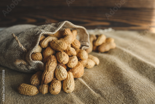 Peanuts in a bag on a woody background