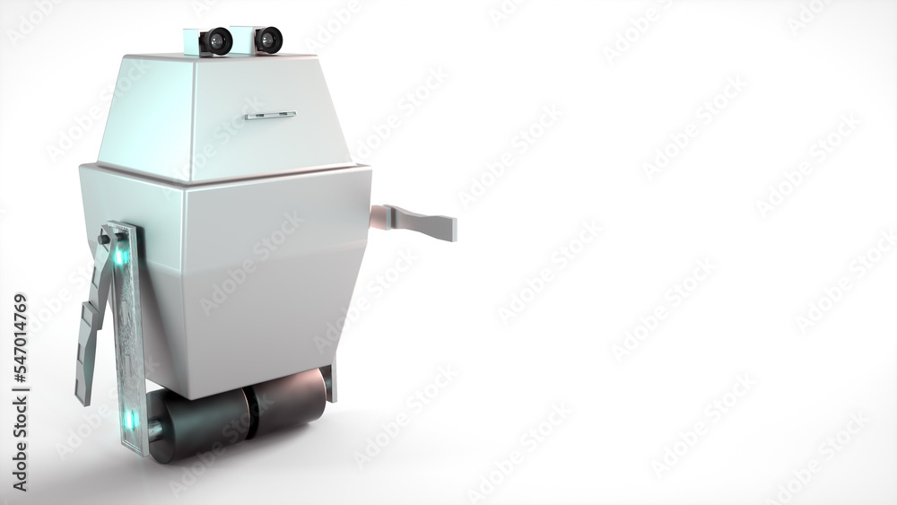 Humanoid robot points at something or shows hand for handshaking. Isolated on white, space for your text. 3D illustration. Humanoid robot points at something or shows hand for handshaking. Isolated on white, space for your text. 3D illustration.