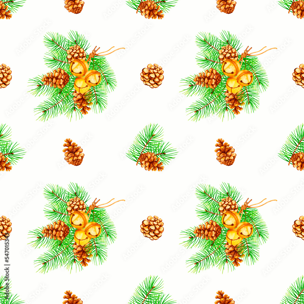 Seamless pattern with Christmas and New Year design from Christmas tree branches, bells and cones. Hand drawn watercolor. Design for wrapping, scrapbooking, stationery, textile, fabric, wallpaper. Seamless pattern with Christmas and New Year design from Christmas tree branches, bells and cones. Hand drawn watercolor. Design for wrapping, scrapbooking, stationery, textile, fabric, wallpaper.