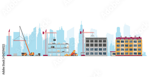 Construction site stages. Multi story house construction. Building process. Build techniques and machines. Housing development