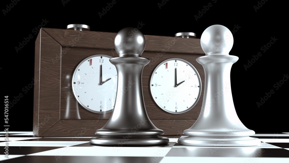 Chess figures on Chess board. Chess Analog Clock in background. Black
