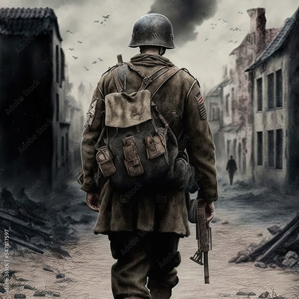 ภาพประกอบสต็อก Lone Greman World War II Soldier Walking Away. Back View