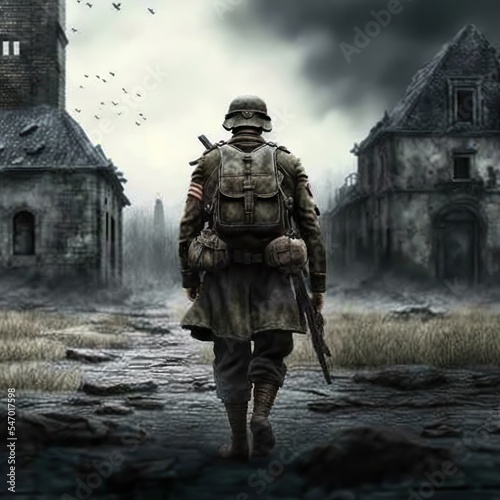 Lone Greman World War II Soldier Walking Away. Back View. Impactful Digital Painting. War Scene With Smoke, Explosions, Ruins. photo