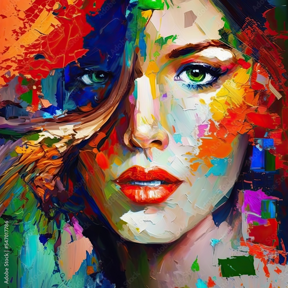 Oil painting with palette knife. Abstract colorful conceptual artwork portrait of beautiful woman.