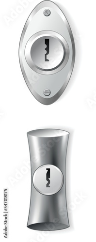 Metal or steel secure keyhole. Element for door locks, template. Realistic silver or chrome key hole mockup isolated on white background