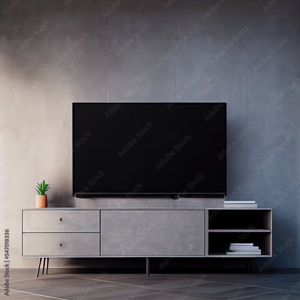 Smart tv mockup on cabinet in living room the concrete wall,3d rendering Smart tv mockup on cabinet in living room the concrete wall,3d rendering