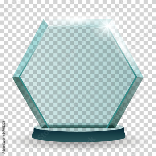 Glass trophy award. 3D winner prize from transparent material. Achievement glass for winner championship. Realistic icon of challenge prize. Crystal form on stand