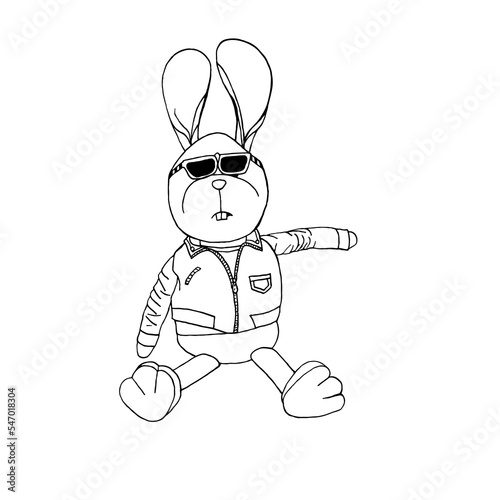 Stuffed rabbit in sunglasses and a leather jacket. Vector illustration of a stuffed hare toy in the style of doodles.