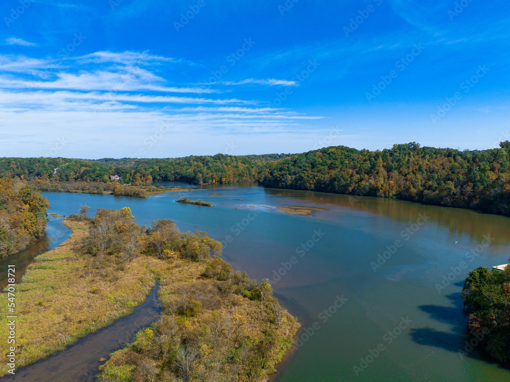 Aerial view of water at Morgan Falls Overlook Park clear blue sky