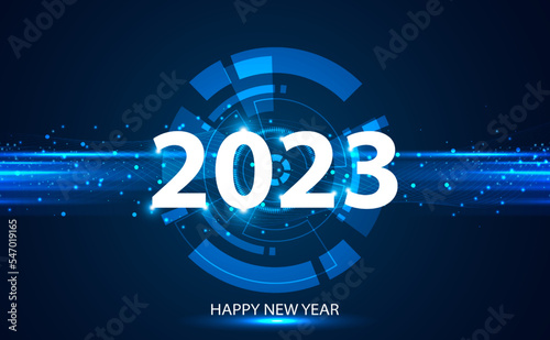 Happy new year 2023 design, technology style, blue color on modern background.
