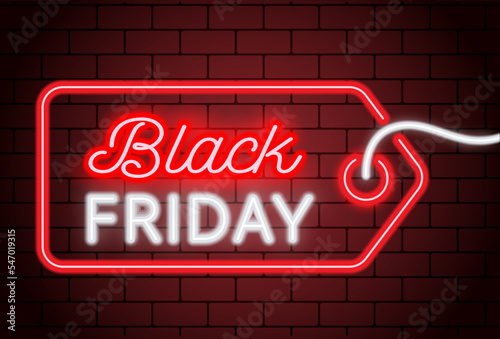 Black friday neon horizontal tag with light. Electric banner glowing on brick wall background