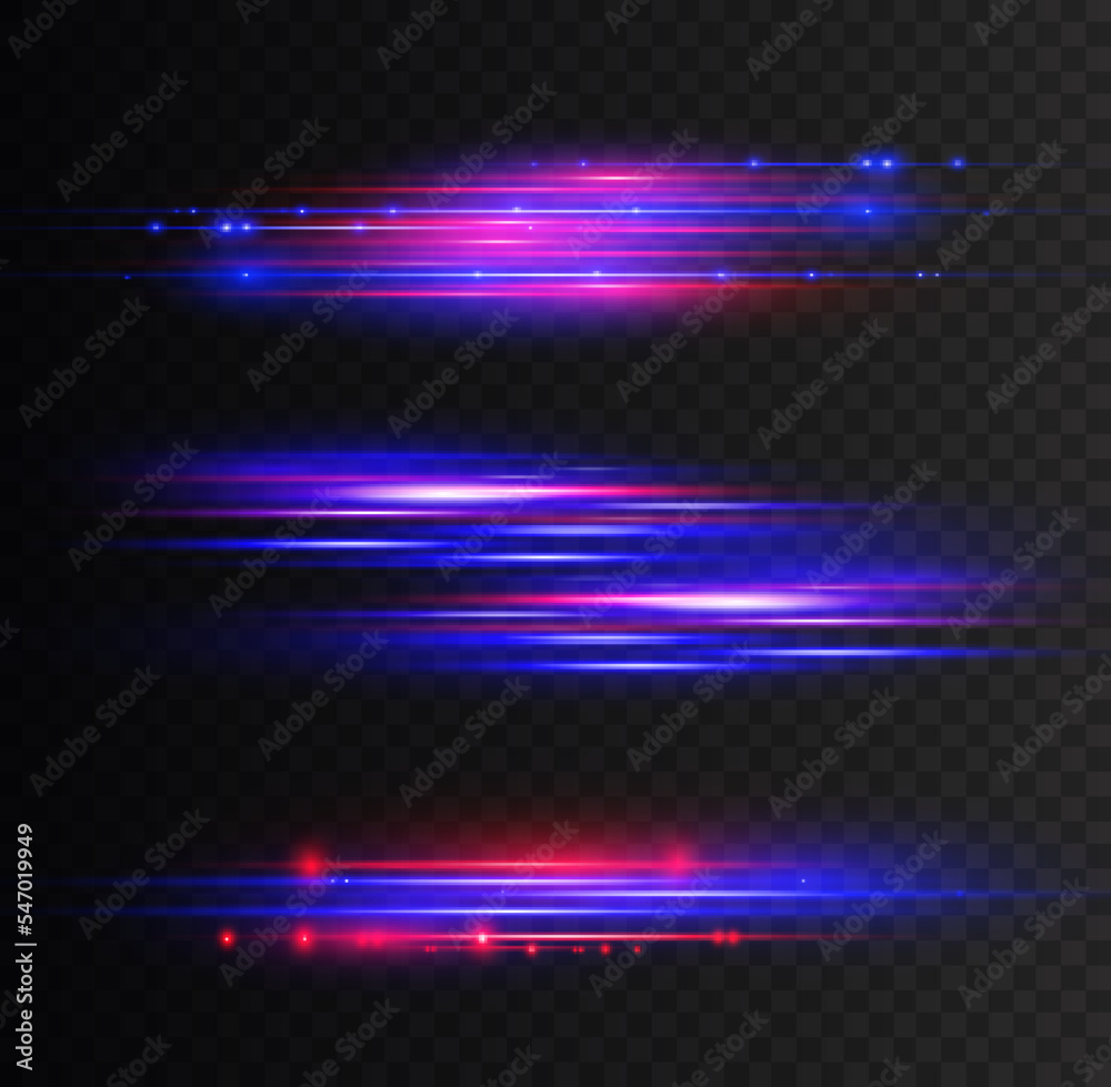 Beautiful glow light flare and spark. Red blue special effect, speed police line. Magic of moving fast lines. Laser beams, horizontal light rays. Particle motion effect. Vector illustration.