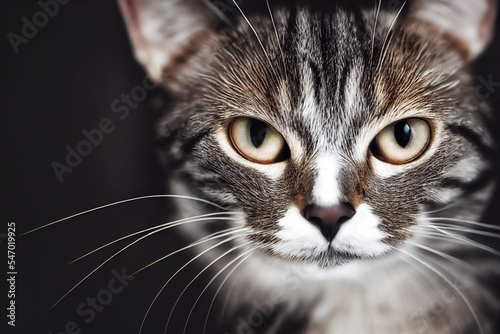 There's a close-up of a tabby cat with a wicked look, showing off its sinister eyes. This pet is ready to attack or conquer the world, with its psychopathic and killer look. 3D illustration.