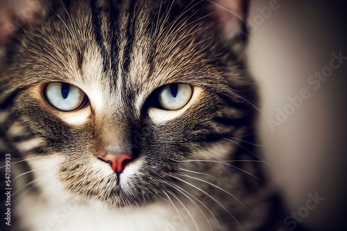This close-up of a tabby cat has a psychotic look, showing it to be a pet that is ready to attack or conquer the world. Its Wicked Eyes will cause fear in those around it. 3D illustration. photo