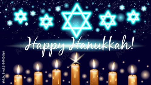 Hanukkah celebration Magic card. Realistic vector candles, Jewish shining stars and particles. Stock illustration Happy Hanukkah! in EPS10.