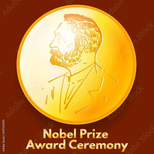Gold Nobel Prize on a burgundy background. Honorable Achievement in the Field of Scientific Achievement. Vector editorial illustration with a portrait of Alfred Nobel. photo