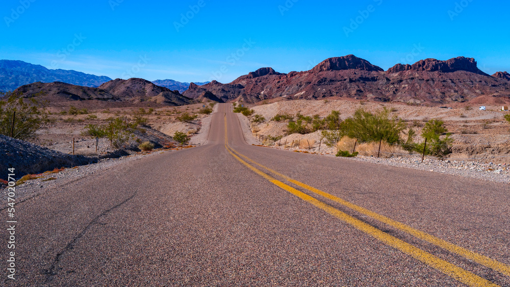 Road in Sara Mountain, an arid desert landscape in Lake Havasu City, Arizona