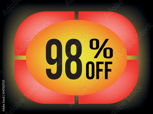 98 percent discount on the banner, in effect, 3d. Black banner with gradient yellow, red, orange and white inverted increase effect