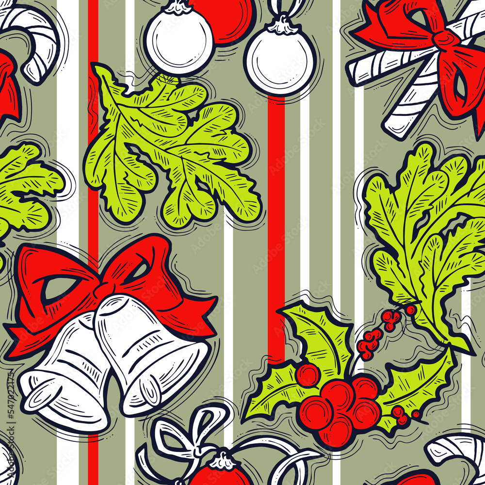 Christmas and New Year seamless pattern for wrapping paper, fabric print, textile design, decorative elements. Pine tree with xmas decoration. Hand drawn illustration. Cartoon style drawing.