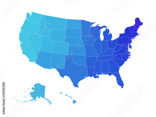 Blank map of United States of America divided into states. Simplified flat silhouette vector map in shades of blue