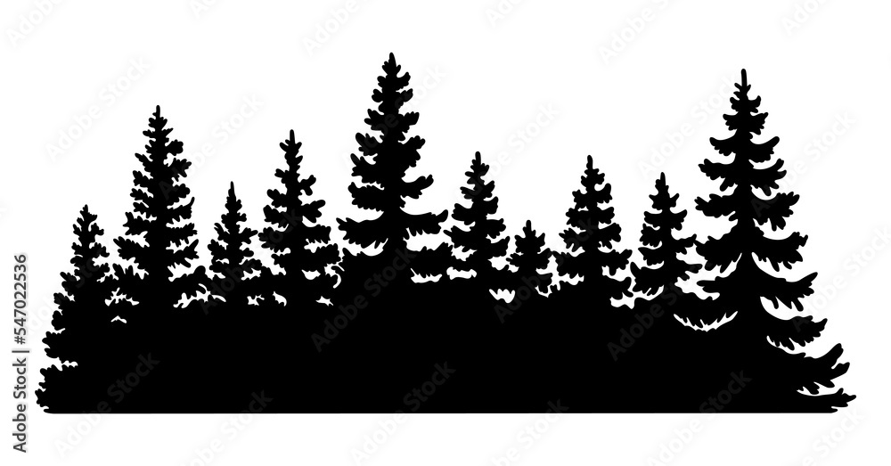 Fototapeta premium Fir trees silhouette. Coniferous spruce horizontal background pattern, black evergreen woods illustration. Beautiful hand drawn panorama with treetops forest