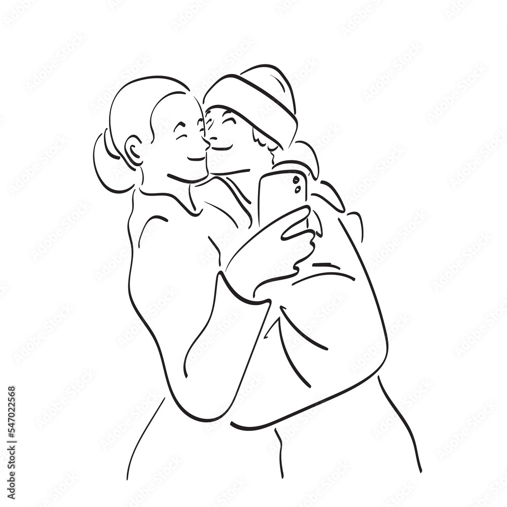 line art young happy couple in love making selfie illustration vector hand drawn isolated on white background line art young happy couple in love making selfie illustration vector hand drawn isolated on white background