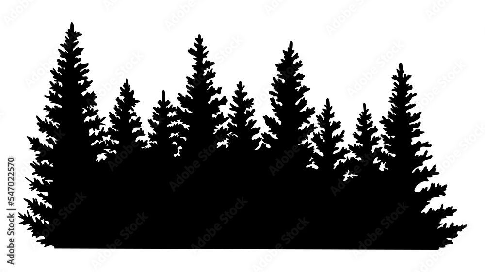 Obraz premium Fir trees silhouette. Coniferous spruce horizontal background pattern, black evergreen woods illustration. Beautiful hand drawn panorama with treetops forest