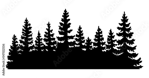 Fir trees silhouette. Coniferous spruce horizontal background pattern, black evergreen woods illustration. Beautiful hand drawn panorama with treetops forest