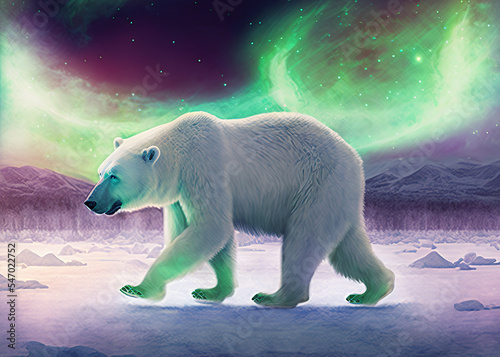 polar bear on ice in the snow under the northern lights