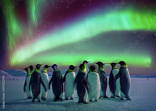 King penguins huddled together under in the antarctic under the southern lights