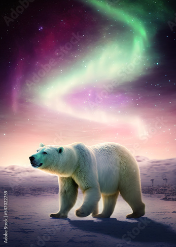 polar bear on ice in the snow under the northern lights