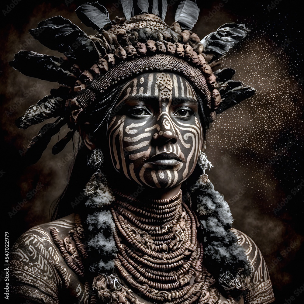 Portrait of an Indian warrior made of chocolate, the man decorated with feathers beads and headbands made by hand from chocolate. Chocolate makeup.