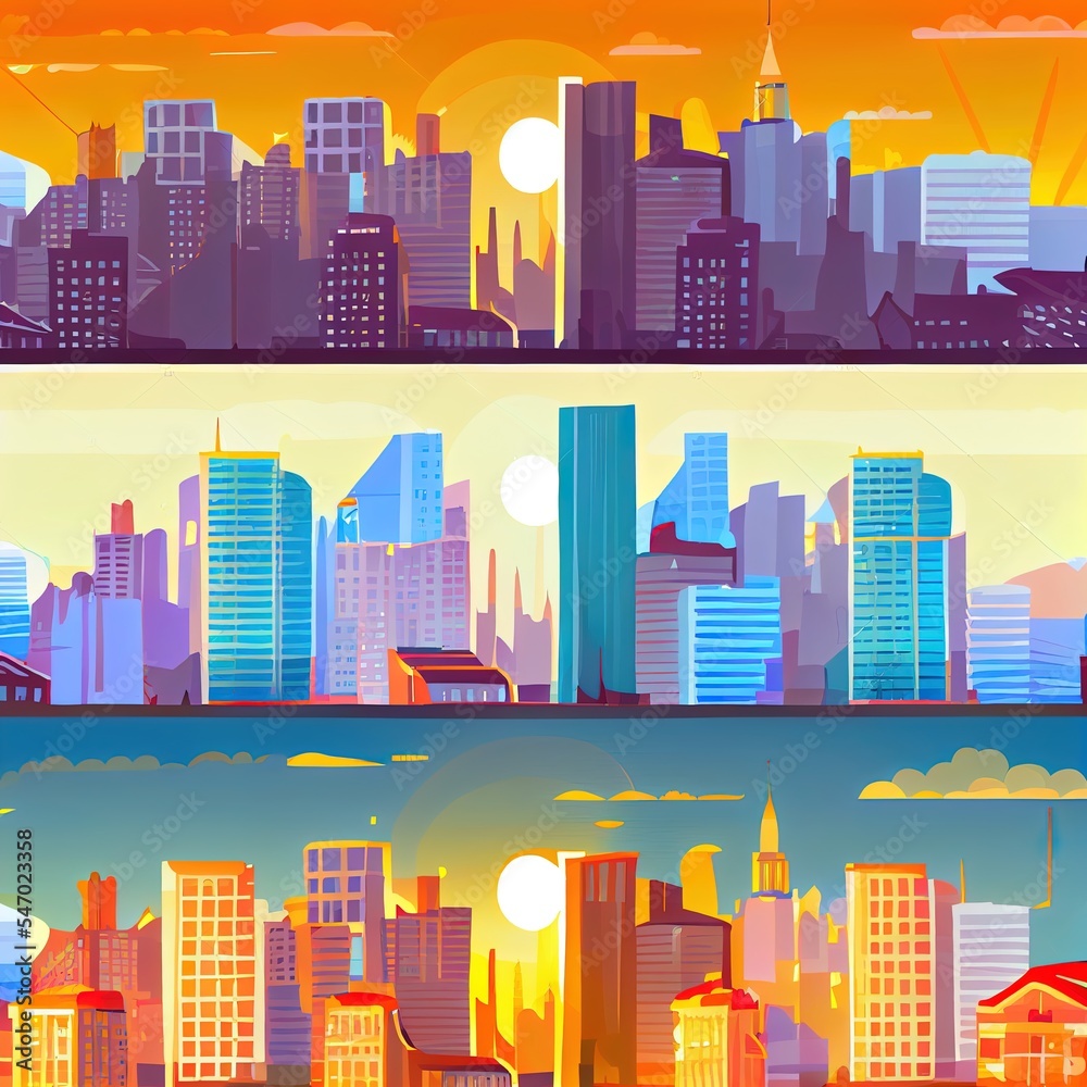 City landscape. Daytime cityscape sunrise, day, sun and night city skyline, buildings in different time