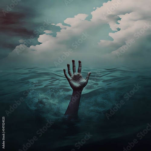 Hand Reaching Out From Water | Drowning Concept | Overworked Stressed Papers Work Concept | Created Using Midjourney and Photoshop