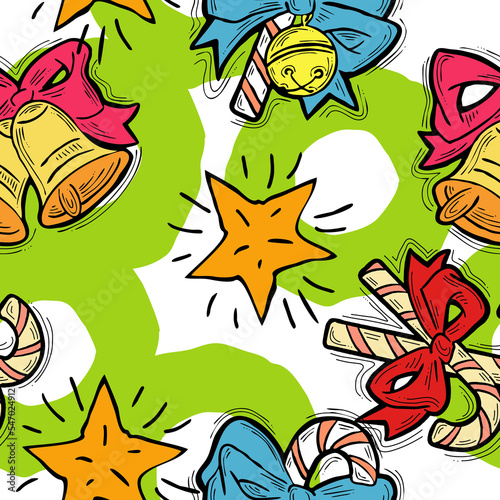 Christmas and New Year seamless pattern for wrapping paper, fabric print, textile design, decorative elements. Pine tree with xmas decoration. Hand drawn illustration. Cartoon style drawing.