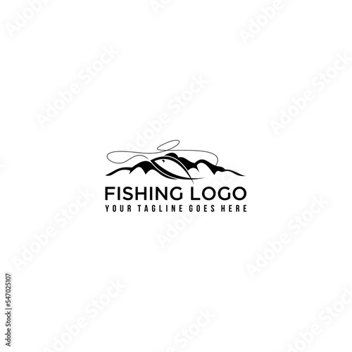 Vector fishing logo with fish, fishing rod, line, hook and mountains. 