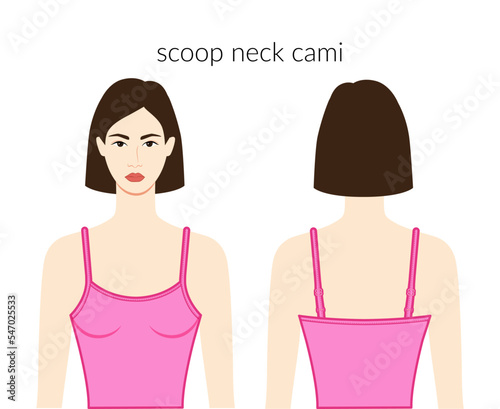 Scoop neckline camisole tank clothes character beautiful lady in pink top, shirt, dress technical fashion illustration with fitted body. Flat apparel template front, back sides. Women, men unisex CAD