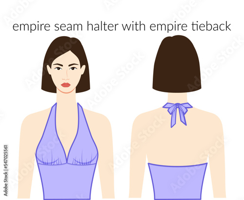 Empire seam halter with empire tieback neckline clothes character in lavanda top, shirt, dress technical fashion illustration with fitted body. Flat apparel template. Women, men unisex CAD mockup