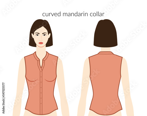 Curved mandarin neckline collars, plackets clothes character beautiful lady in terracota top, shirt, dress technical fashion illustration, fitted. Flat apparel template front, back sides. Women, men