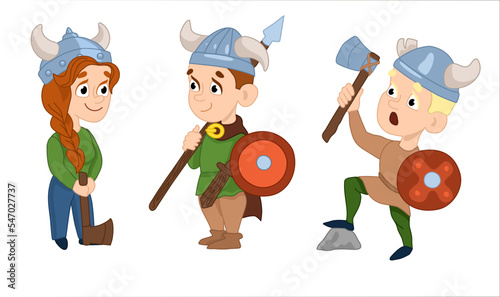 Cute children in viking costumes. Vikings on the attack. Flat vector illustration on white background. Cartoon Characters.
