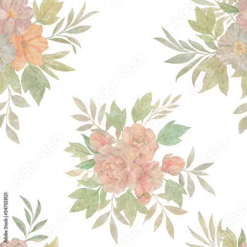 Seamless floral pattern with flowers and leaves, watercolor illustration. Template design for wrapping paper, textiles, wallpaper, interior, clothes, postcards.